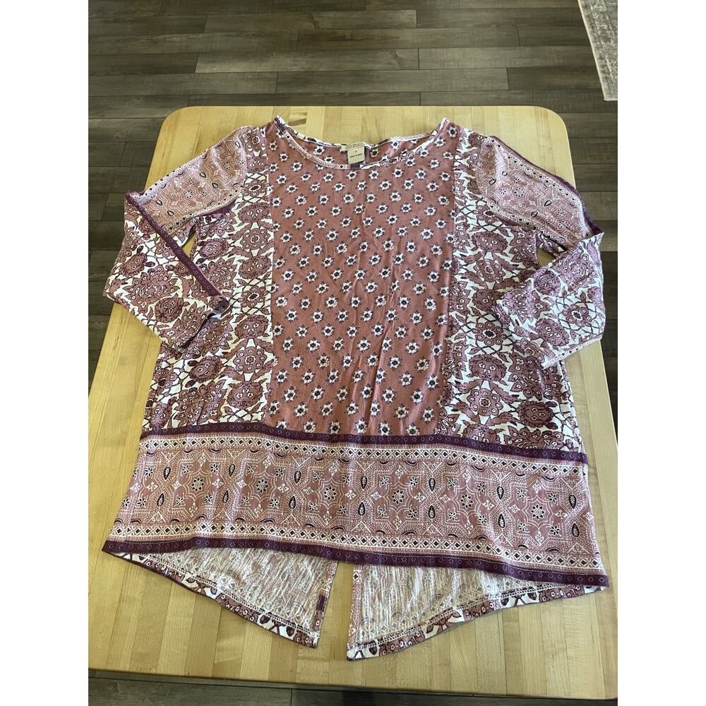 LUCKY BRAND Live In Love Boho Tunic Pink All Over Print Scoop Neck 3/4 sleeve S